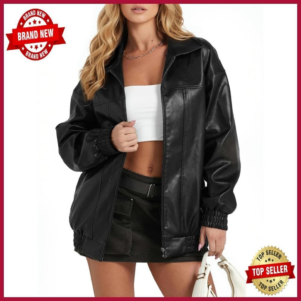 Oversized Faux Leather Motorcycle Jacket with Pockets, Street Style